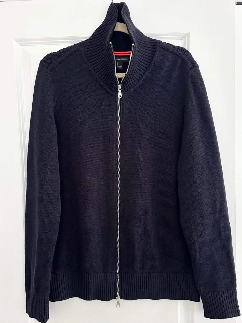 Banana Republic Navy Full-Zip Knit Shawl Collar Fall Sweater - Business Casual